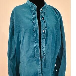 Lands' End Teal Blue Corduroy Ruffle Front Long Sleeve Button Up Shirt